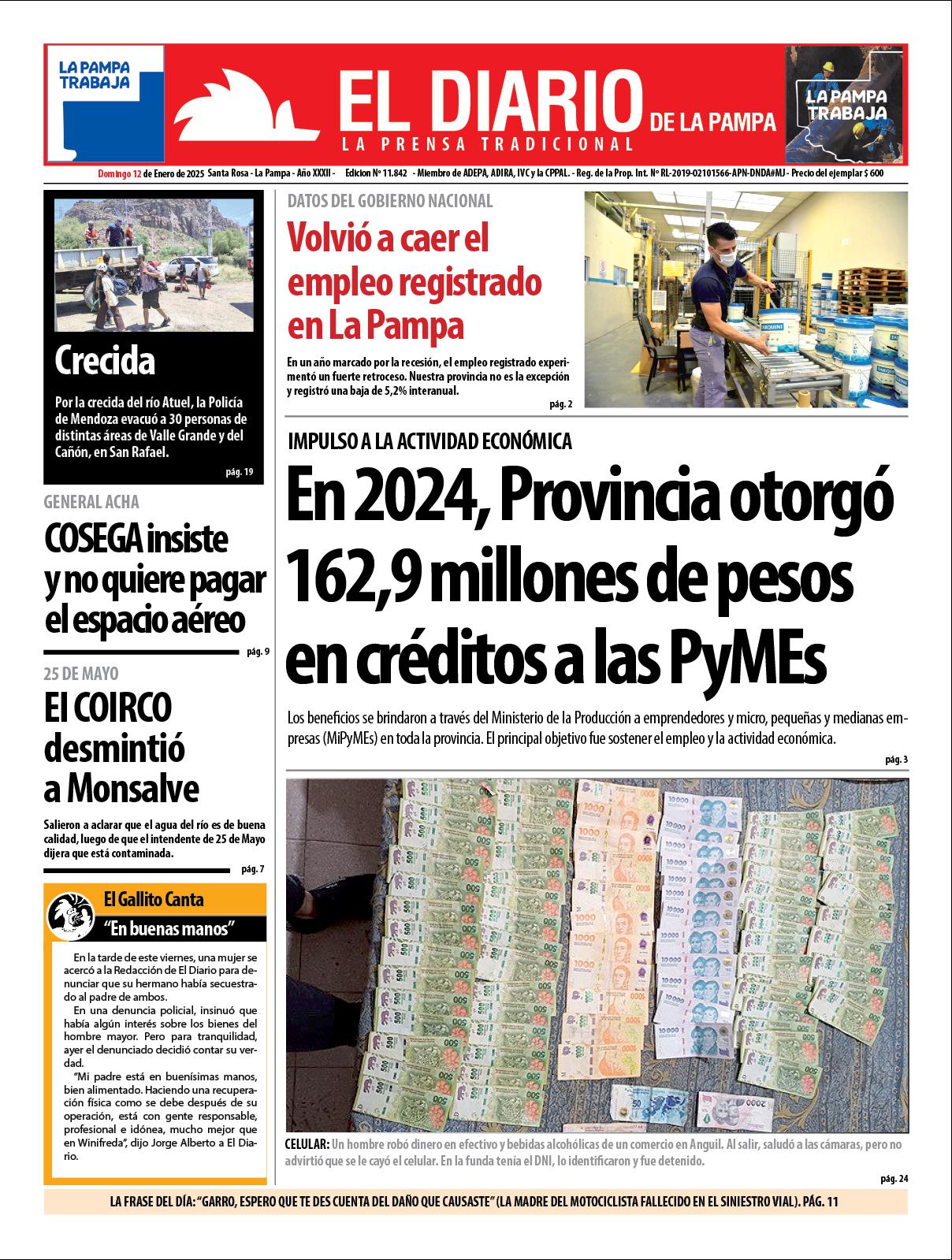 Tapa de El Diario en papel  domingo 12 de enero de 2025